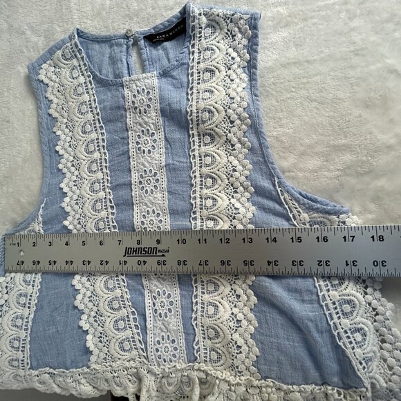 Zara Woman Chambray Lace Sleeveless Tank Top Blouse XS Blue/White Tasseled New - Picture 6 of 7